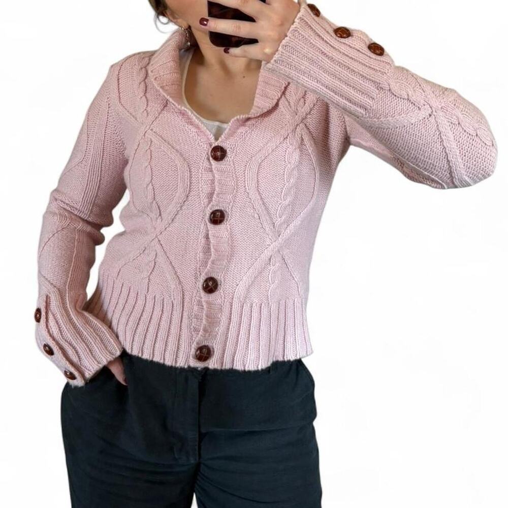 Light Pink Cowl Neck Cardigan with Brown Buttons Size Medium Y2K Wool Blend